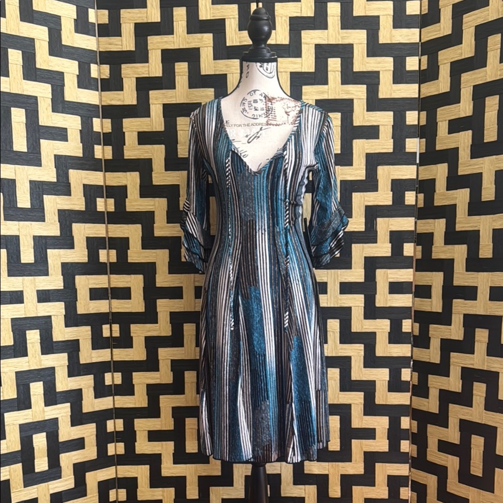 Striped V-Neck Dress - Blue and Black